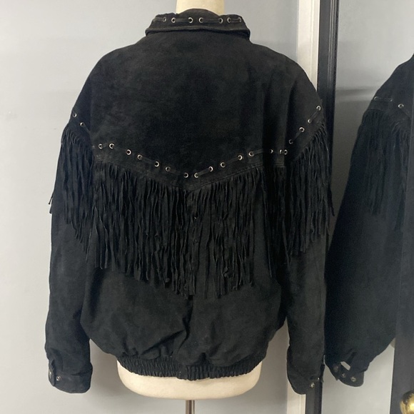 VNTG WILSON BLACK FRINGE WESTERN LEATHER JACKET W/SILVER INDIAN HEAD SNAP BUTTON - Picture 11 of 16